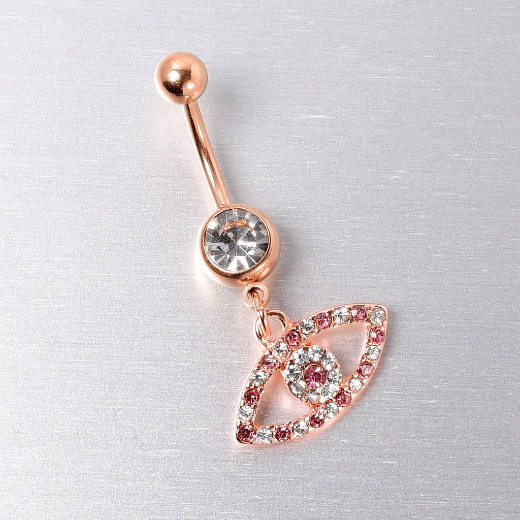 BodyCandy Pink Clear Gem Rose Gold Tone Wide Eye Dangle Belly Ring — lifestyle context