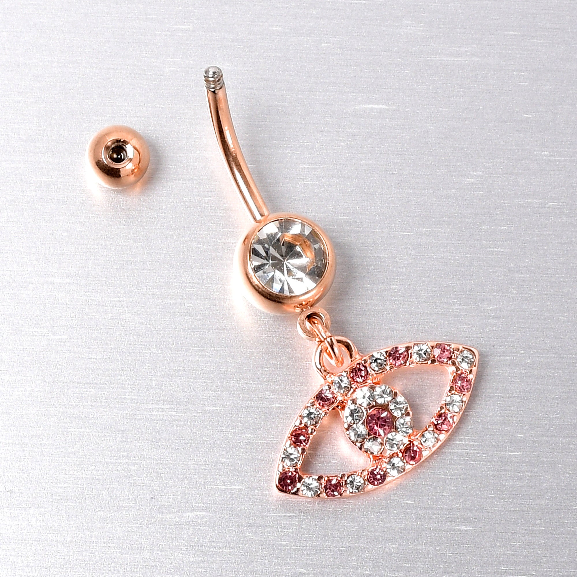 BodyCandy Pink Clear Gem Rose Gold Tone Wide Eye Dangle Belly Ring — side view