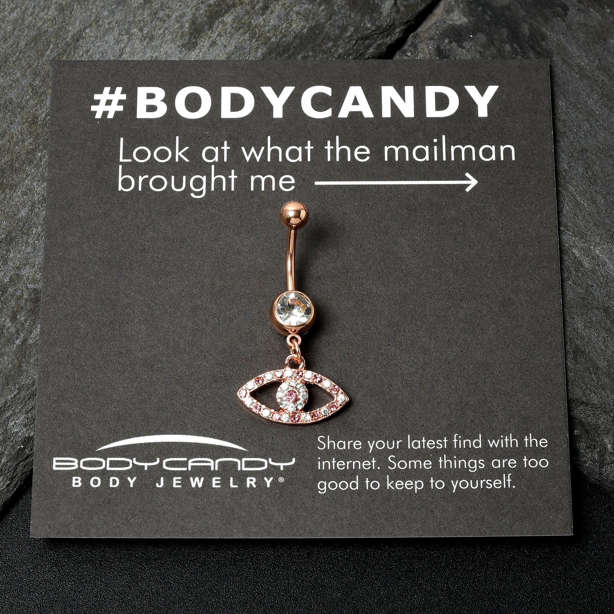 BodyCandy Pink Clear Gem Rose Gold Tone Wide Eye Dangle Belly Ring — back view