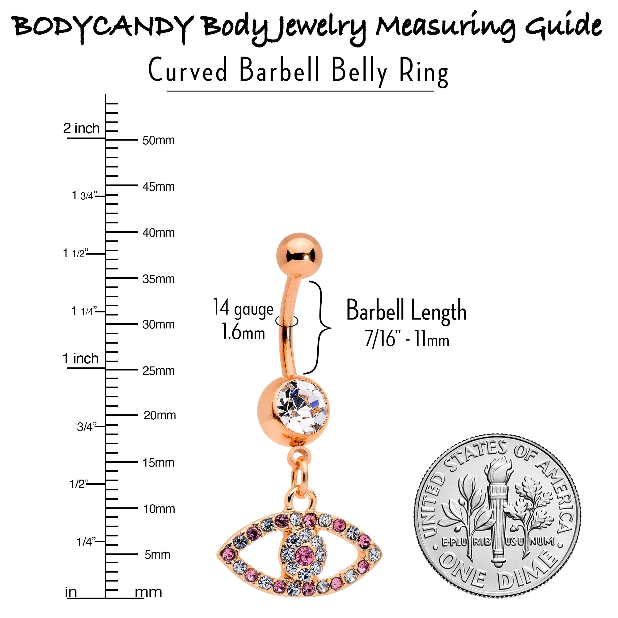 BodyCandy Pink Clear Gem Rose Gold Tone Wide Eye Dangle Belly Ring — alternative angle