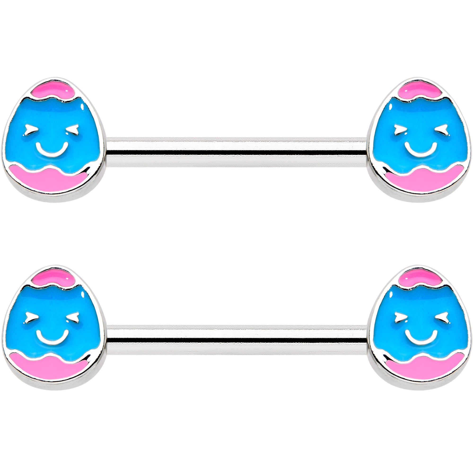 BodyCandy 14G 9/16  Blue Pink Celebration Easter Egg Barbell Nipple Ring Set — detail close-up