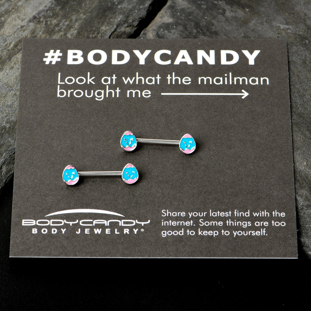 BodyCandy 14G 9/16  Blue Pink Celebration Easter Egg Barbell Nipple Ring Set — in-use photo
