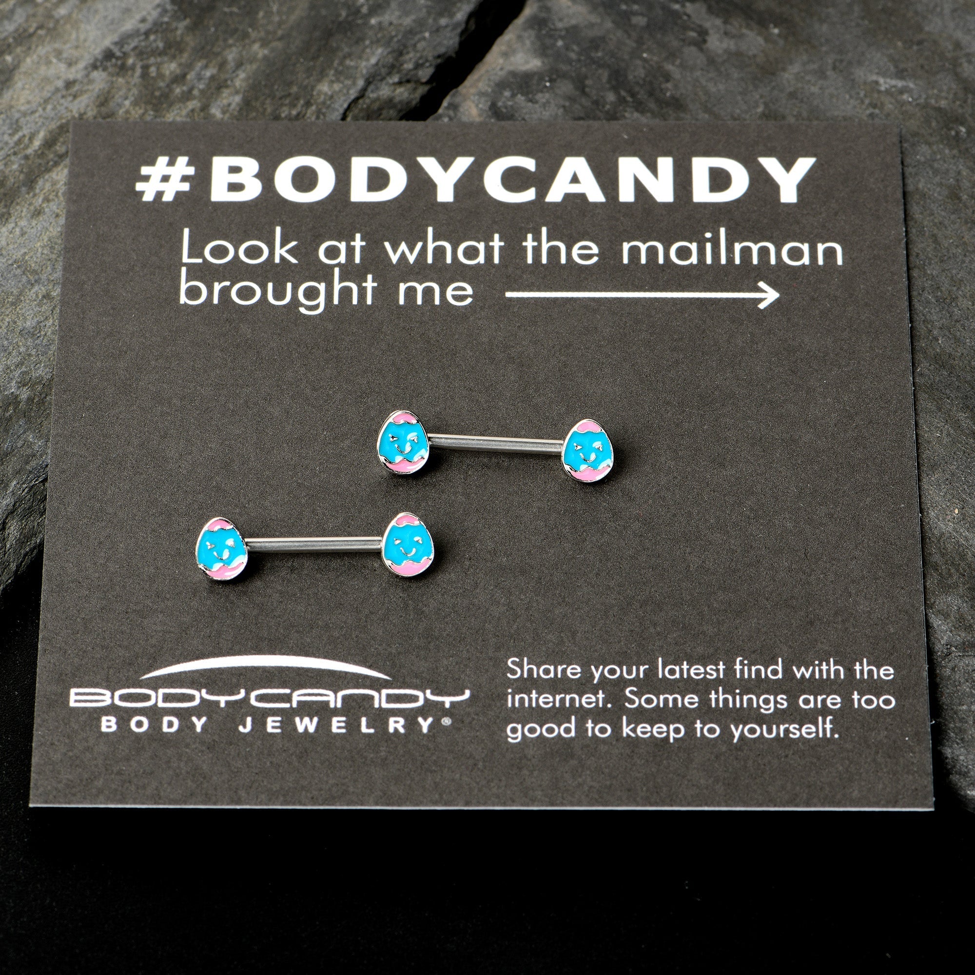 BodyCandy 14G 9/16  Blue Pink Celebration Easter Egg Barbell Nipple Ring Set — in-use photo