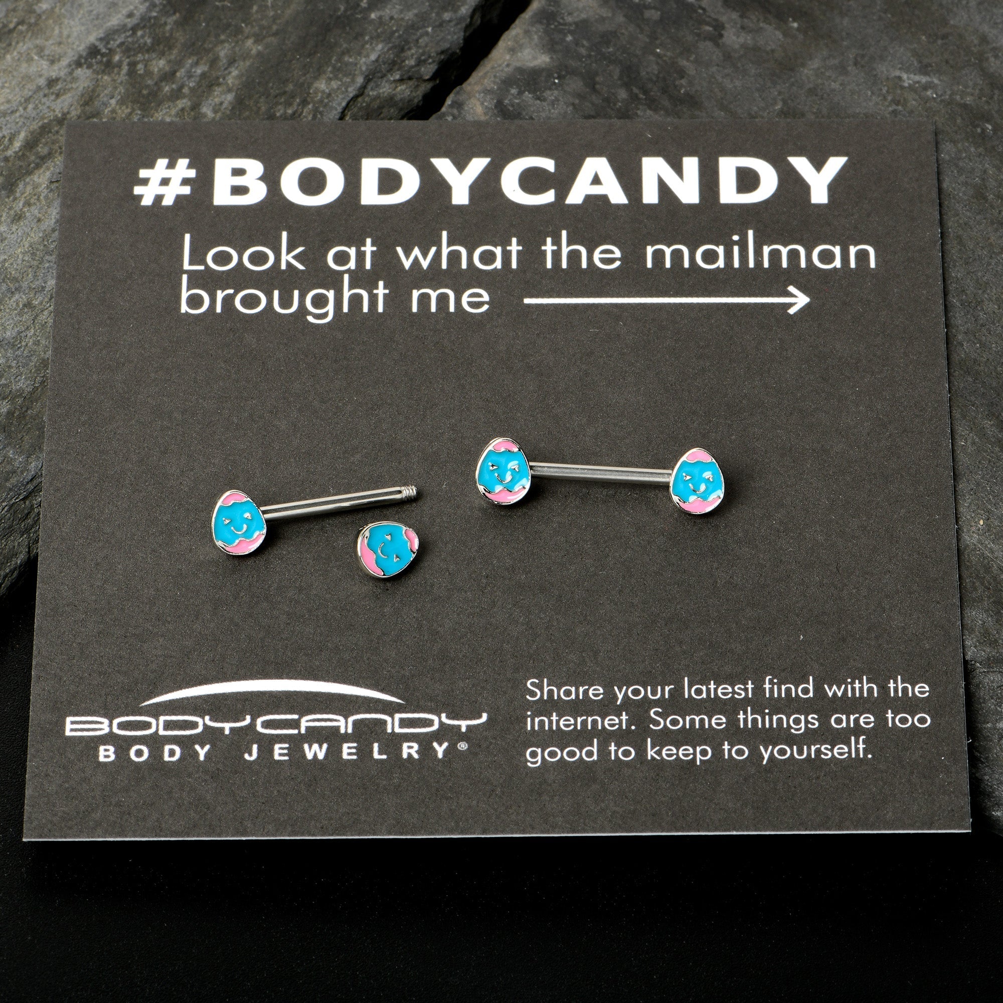BodyCandy 14G 9/16  Blue Pink Celebration Easter Egg Barbell Nipple Ring Set — size reference