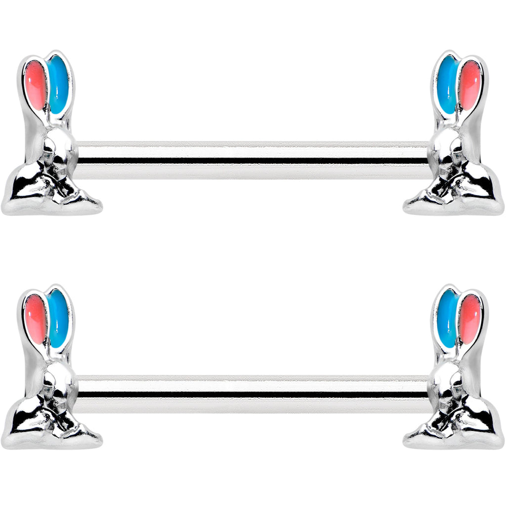 BodyCandy 14G 9/16 Easter Bunny Blue Red Ears Barbell Nipple Ring Set — detail close-up