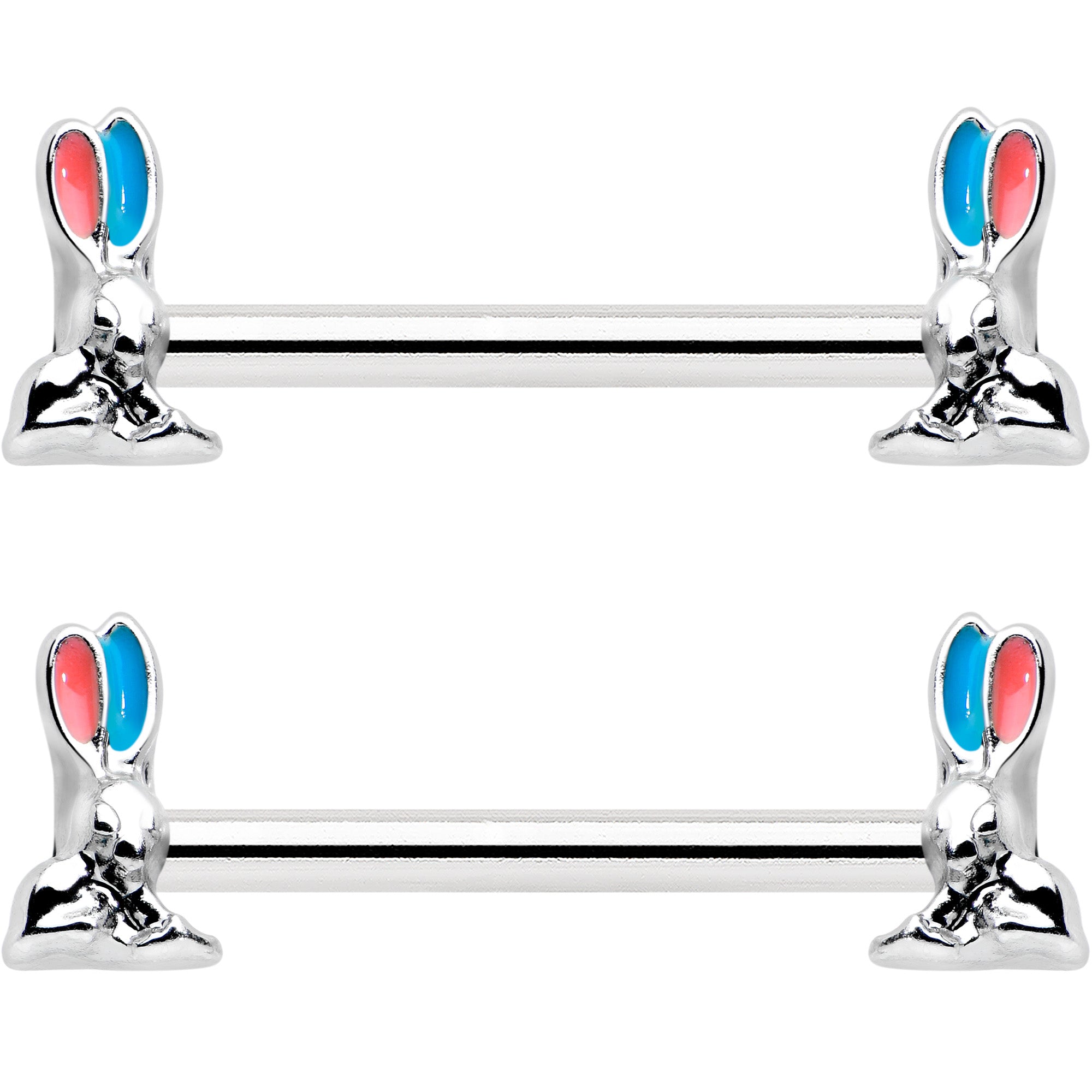 BodyCandy 14G 9/16 Easter Bunny Blue Red Ears Barbell Nipple Ring Set — detail close-up