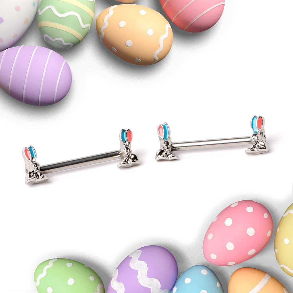 BodyCandy 14G 9/16 Easter Bunny Blue Red Ears Barbell Nipple Ring Set — side view