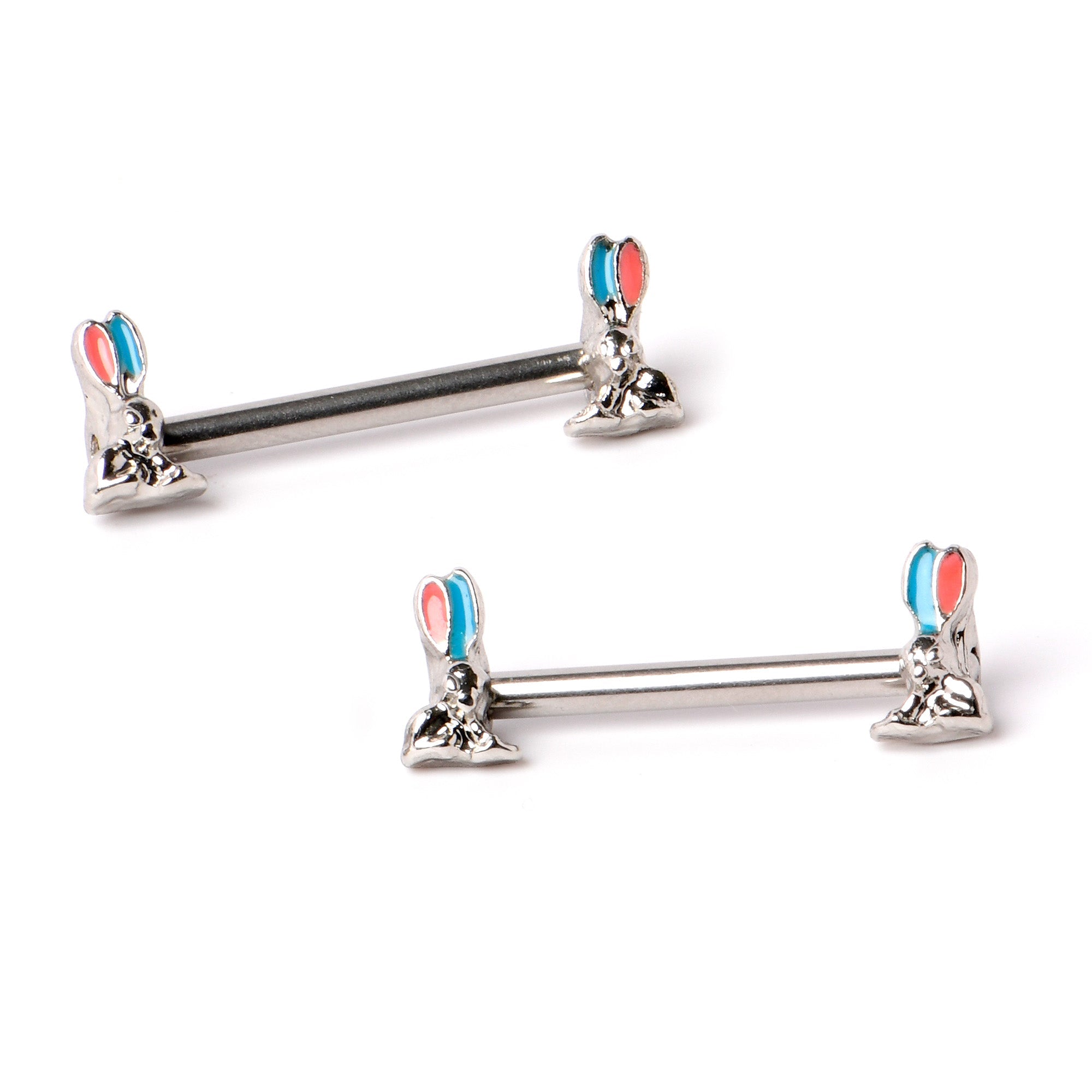 BodyCandy 14G 9/16 Easter Bunny Blue Red Ears Barbell Nipple Ring Set — back view