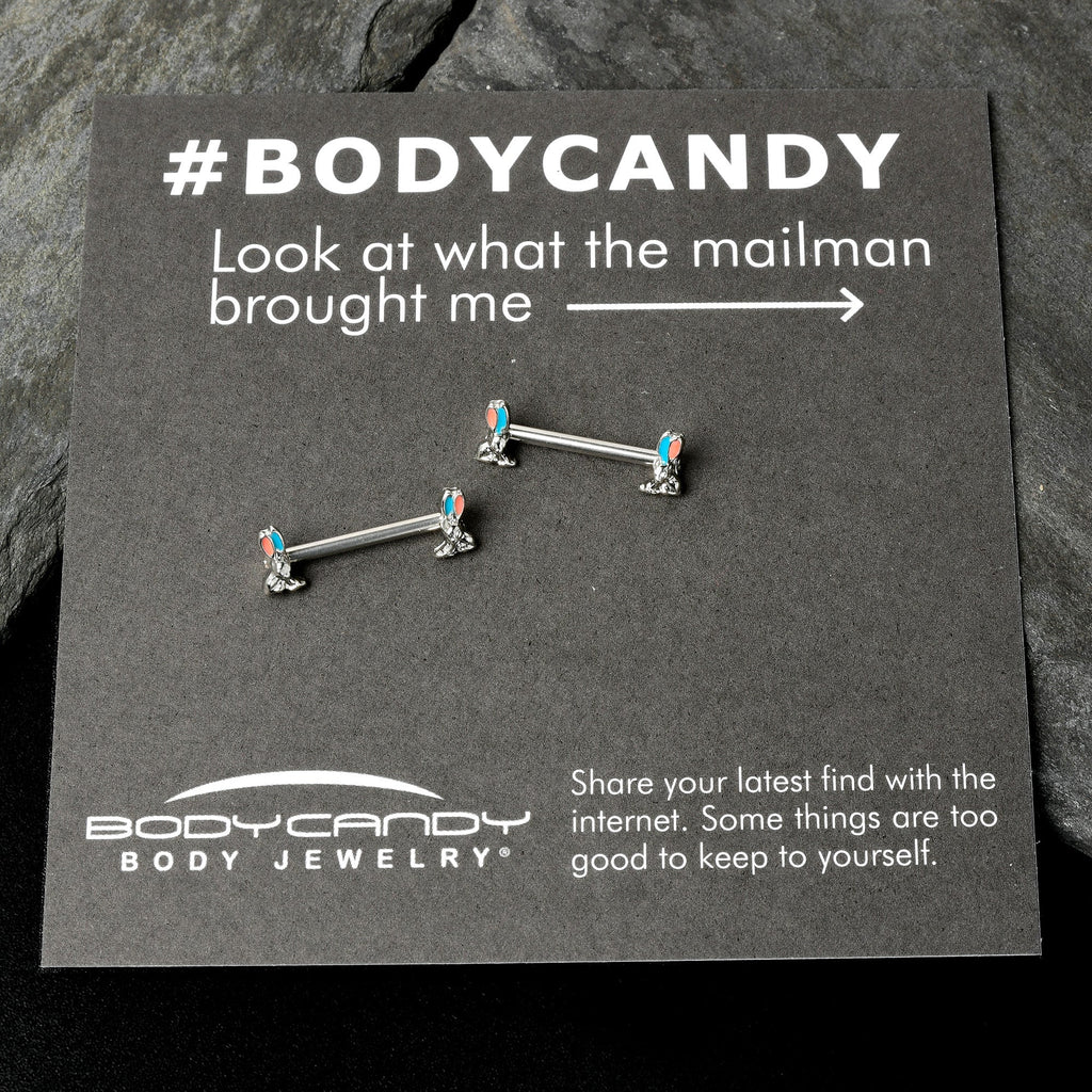 BodyCandy 14G 9/16 Easter Bunny Blue Red Ears Barbell Nipple Ring Set — in-use photo