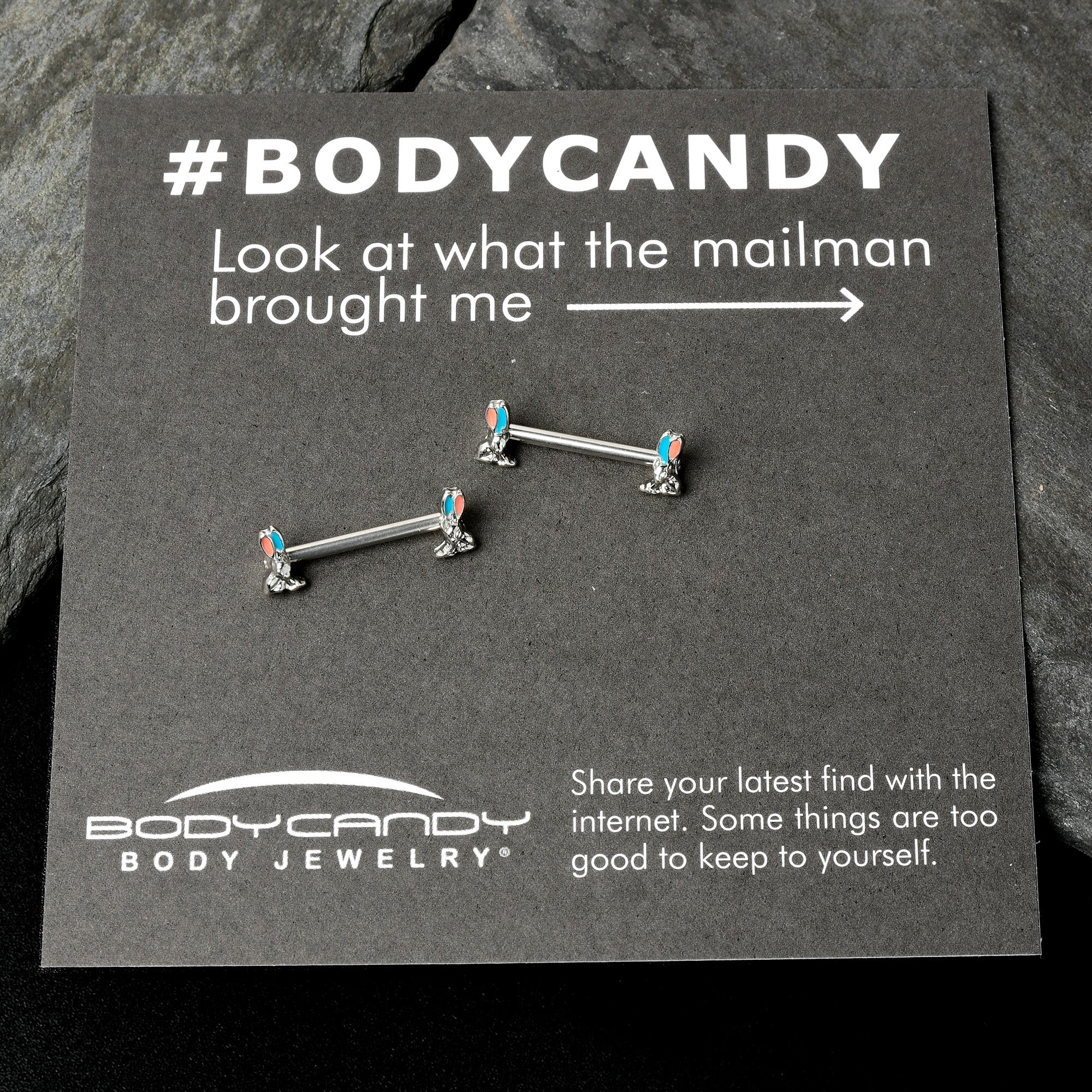 BodyCandy 14G 9/16 Easter Bunny Blue Red Ears Barbell Nipple Ring Set — in-use photo
