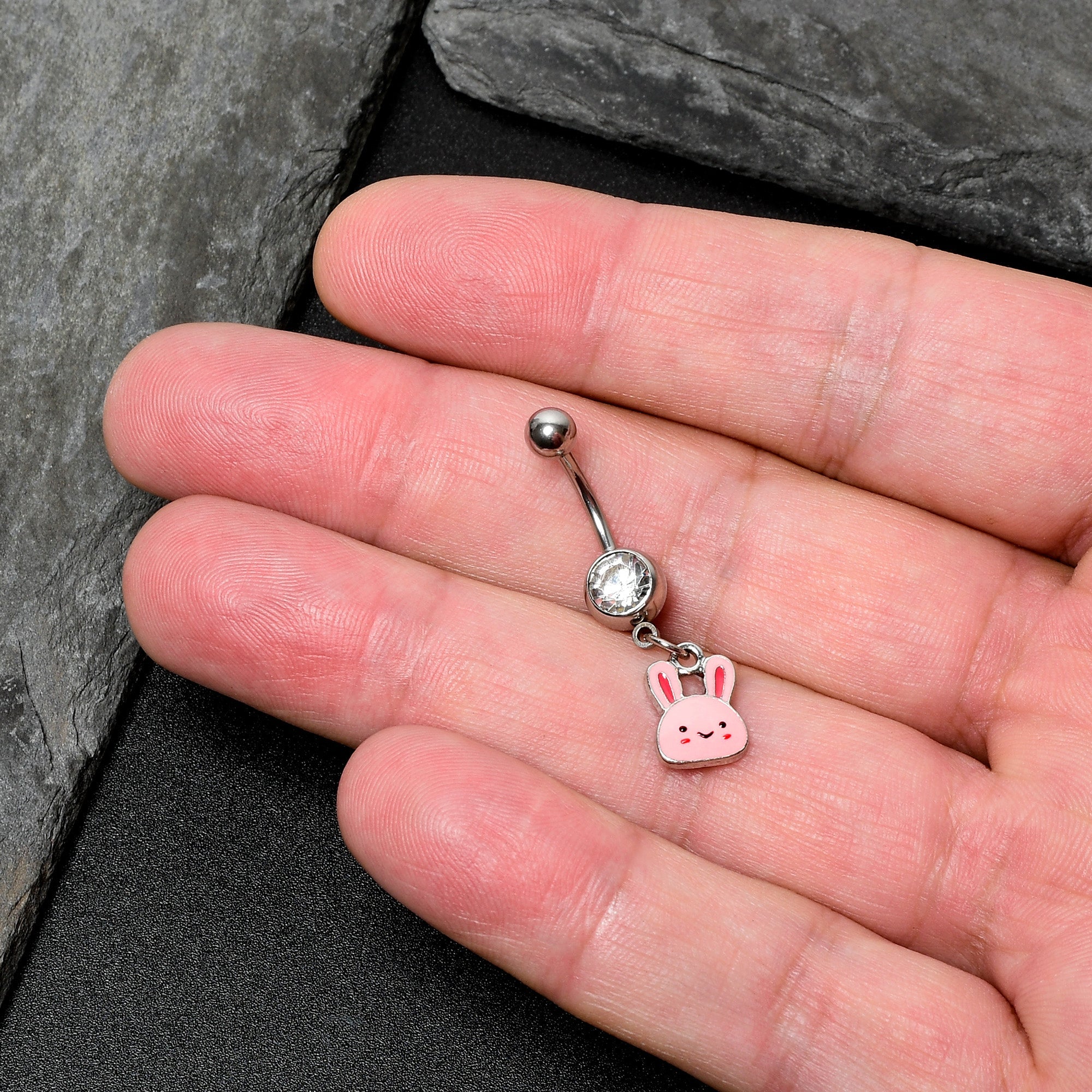 BodyCandy Clear Gem Kawaii Cutie Easter Bunny Dangle Belly Ring — in-use photo
