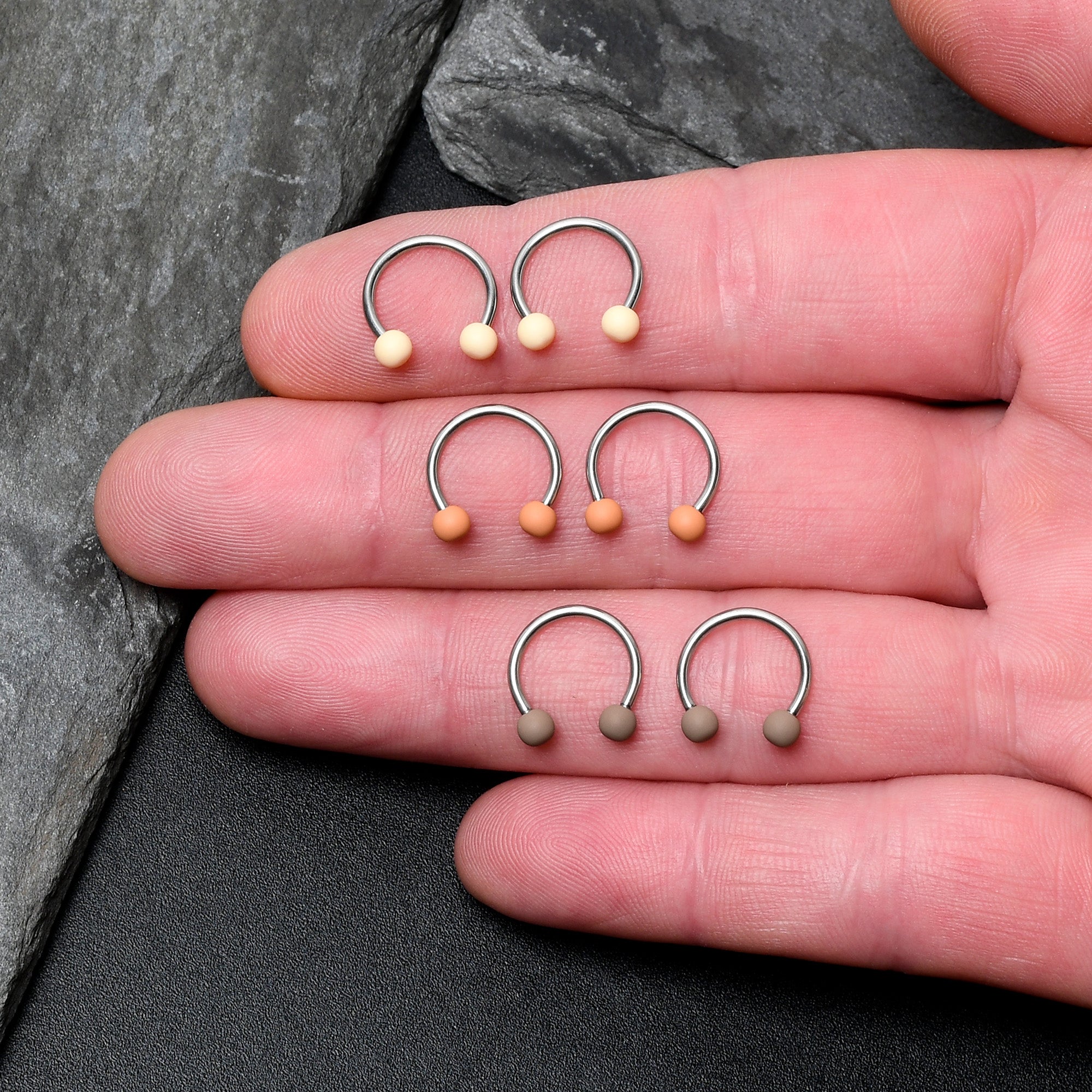 BodyCandy 16G 3/8 Matte Brown Peach Cream Horseshoe Circular Barbell Set of 6 — detail close-up