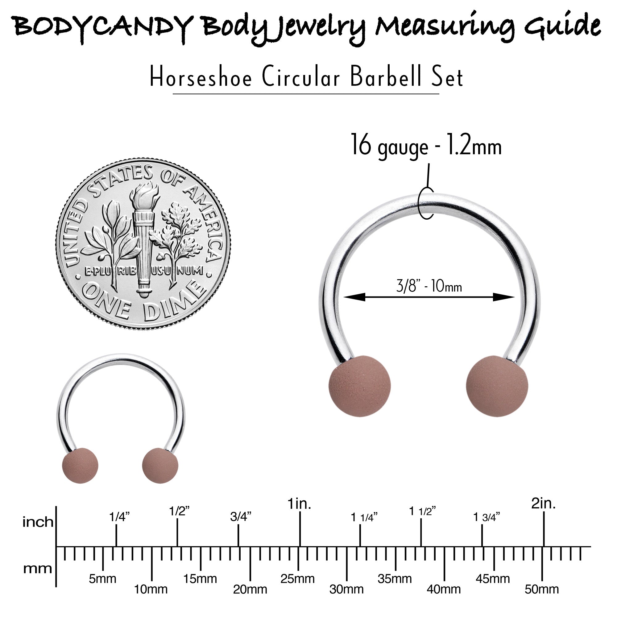 BodyCandy 16G 3/8 Matte Brown Peach Cream Horseshoe Circular Barbell Set of 6 — in-use photo