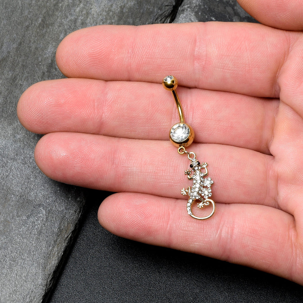 BodyCandy Clear Gem Gold Tone Luscious Lizard Dangle Belly Ring — detail close-up