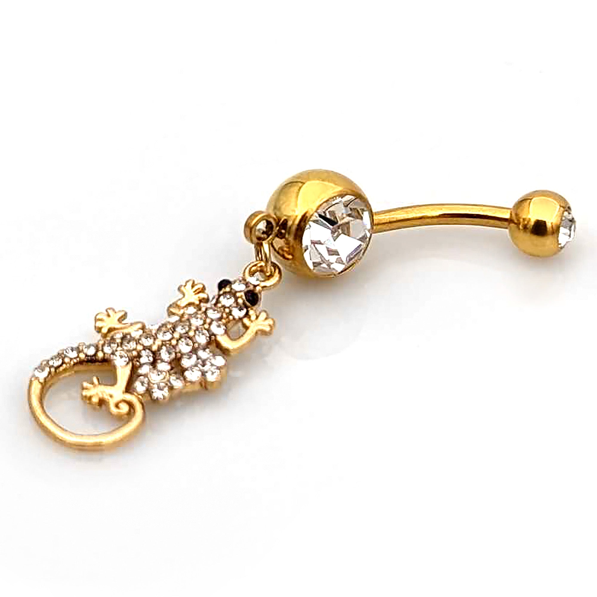 BodyCandy Clear Gem Gold Tone Luscious Lizard Dangle Belly Ring — lifestyle context
