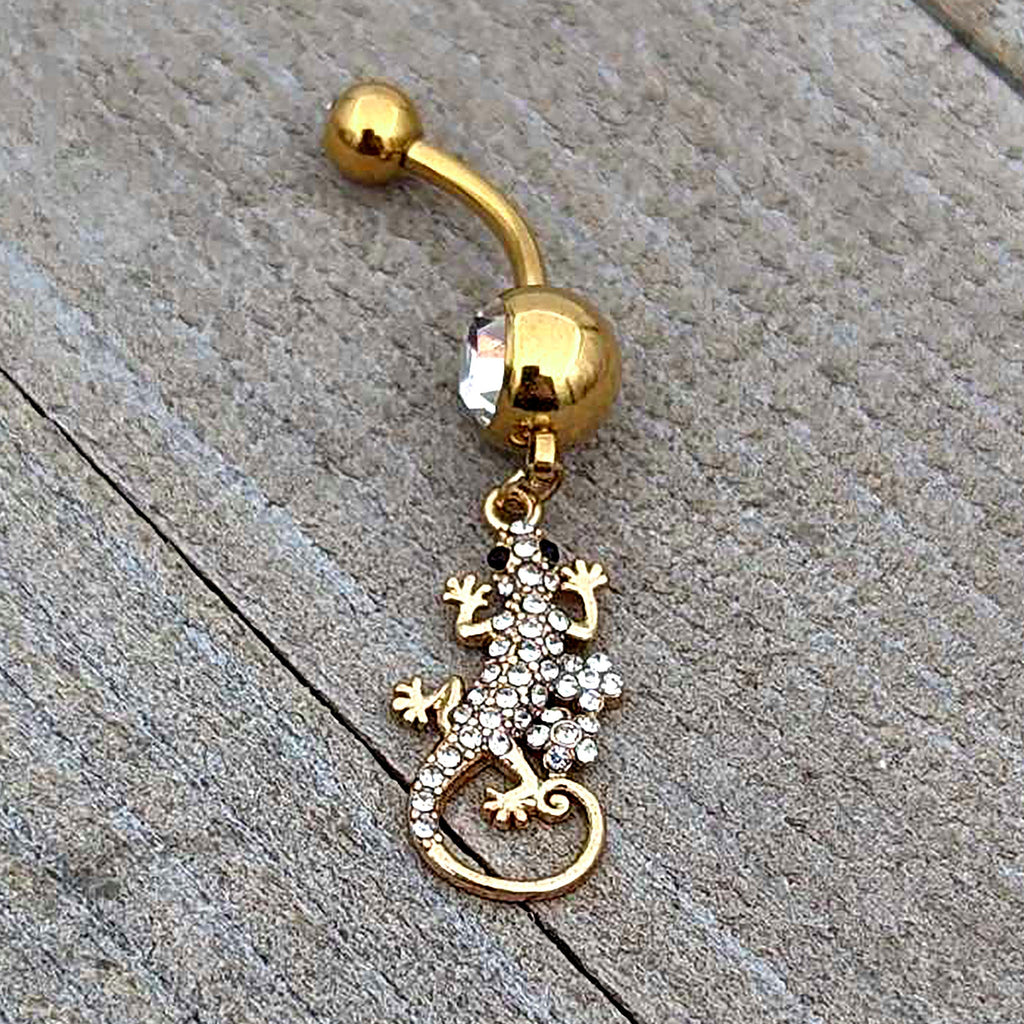 BodyCandy Clear Gem Gold Tone Luscious Lizard Dangle Belly Ring — side view