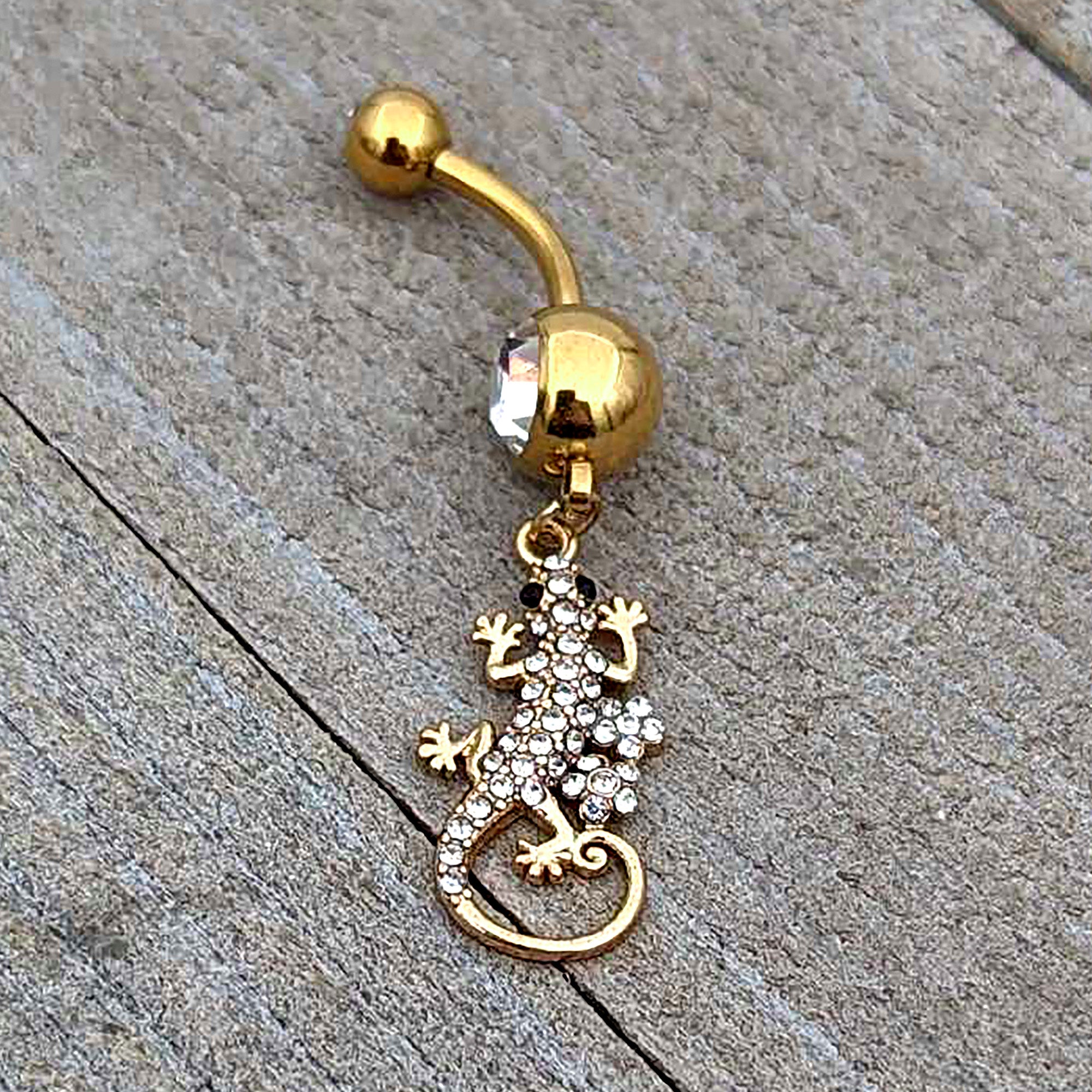 BodyCandy Clear Gem Gold Tone Luscious Lizard Dangle Belly Ring — side view