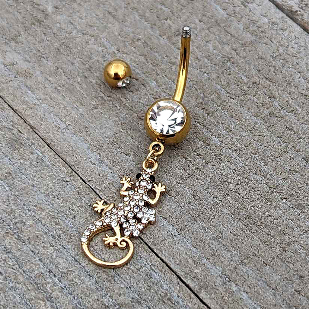 BodyCandy Clear Gem Gold Tone Luscious Lizard Dangle Belly Ring — back view