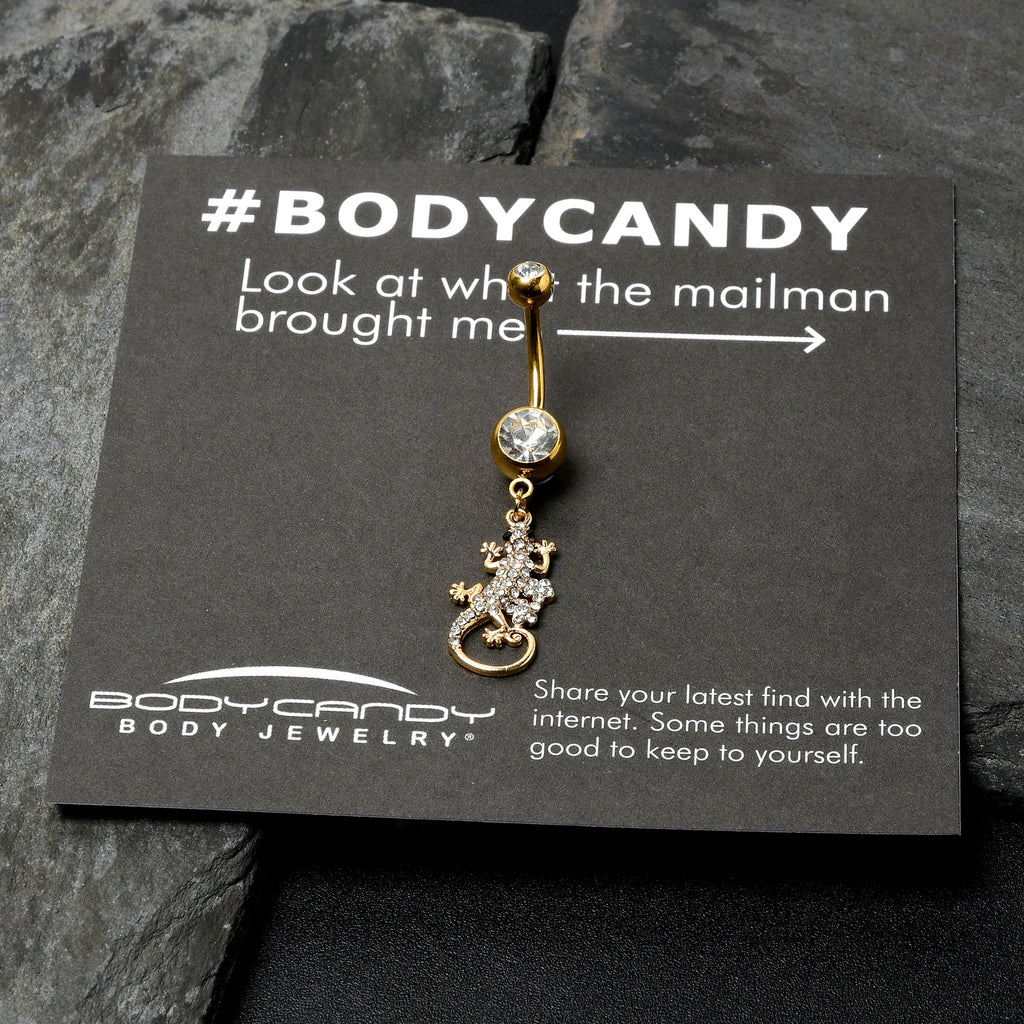 BodyCandy Clear Gem Gold Tone Luscious Lizard Dangle Belly Ring — in-use photo