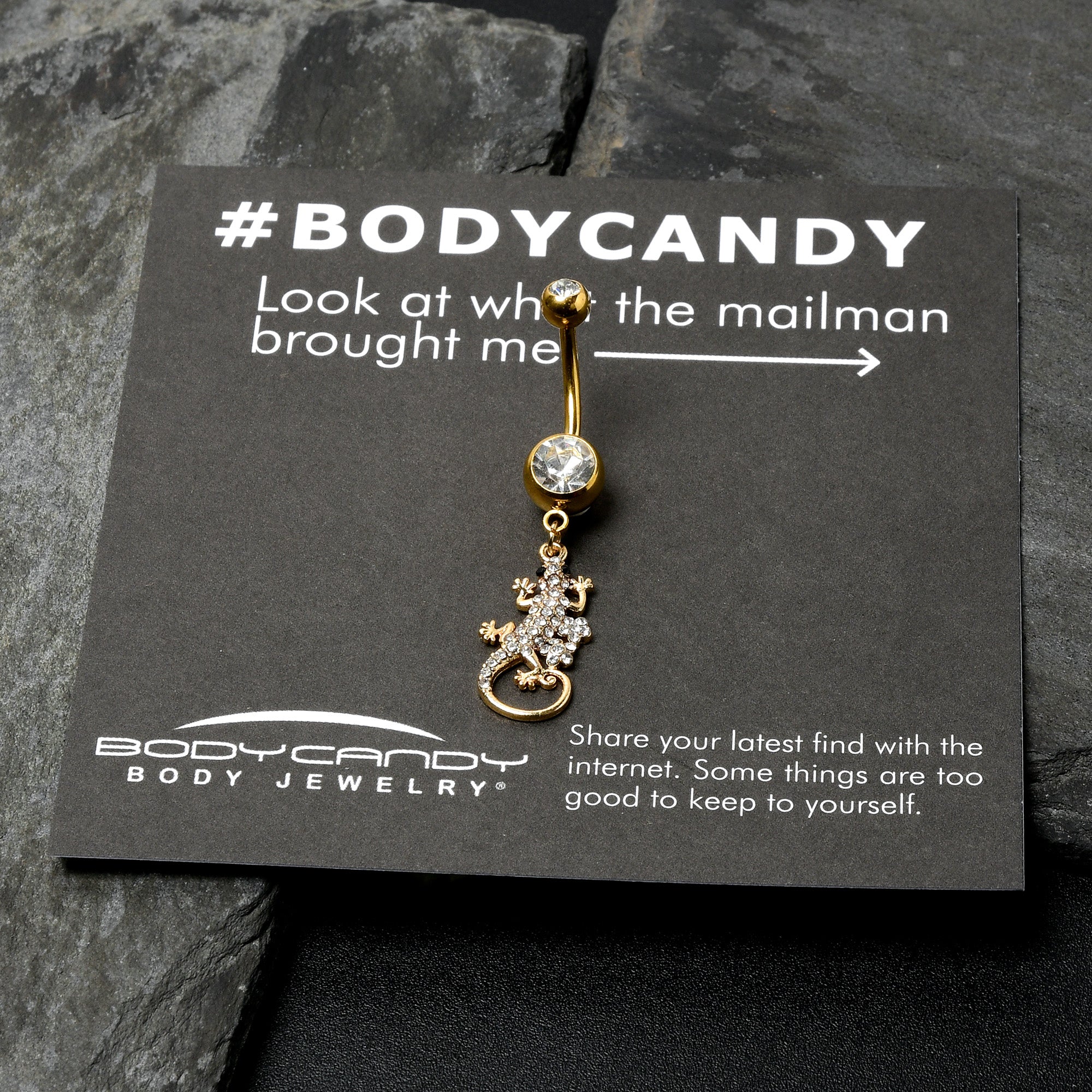 BodyCandy Clear Gem Gold Tone Luscious Lizard Dangle Belly Ring — in-use photo