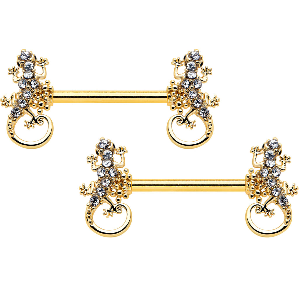 BodyCandy 14G 9/16 Clear Gem Gold Hue Luscious Lizard Barbell Nipple Ring Set — main product shot