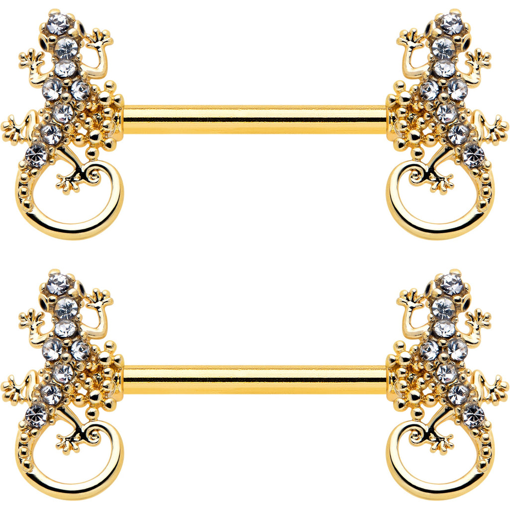 BodyCandy 14G 9/16 Clear Gem Gold Hue Luscious Lizard Barbell Nipple Ring Set — detail close-up