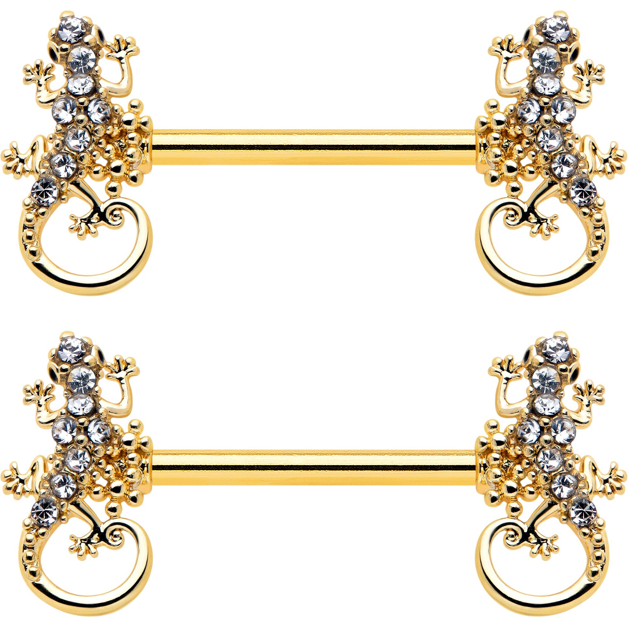 BodyCandy 14G 9/16 Clear Gem Gold Hue Luscious Lizard Barbell Nipple Ring Set — detail close-up