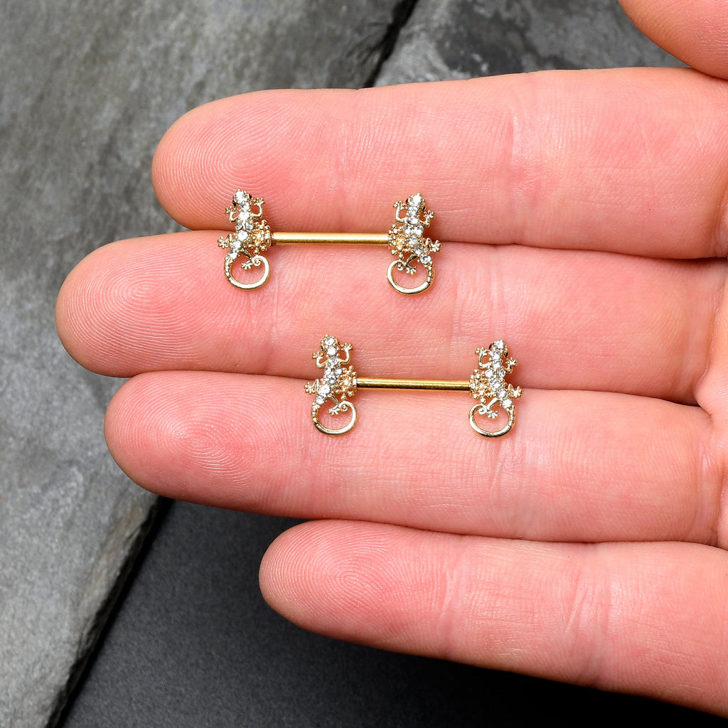 BodyCandy 14G 9/16 Clear Gem Gold Hue Luscious Lizard Barbell Nipple Ring Set — lifestyle context