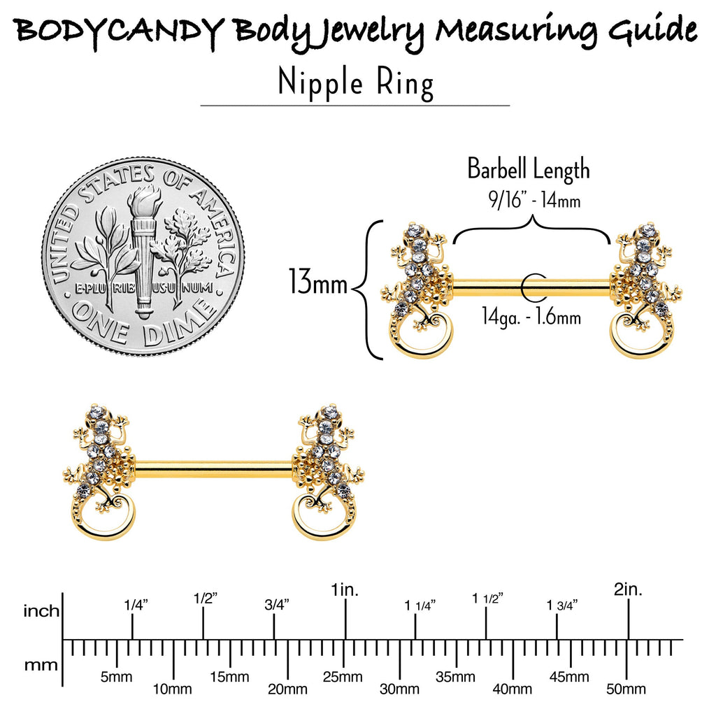 BodyCandy 14G 9/16 Clear Gem Gold Hue Luscious Lizard Barbell Nipple Ring Set — side view