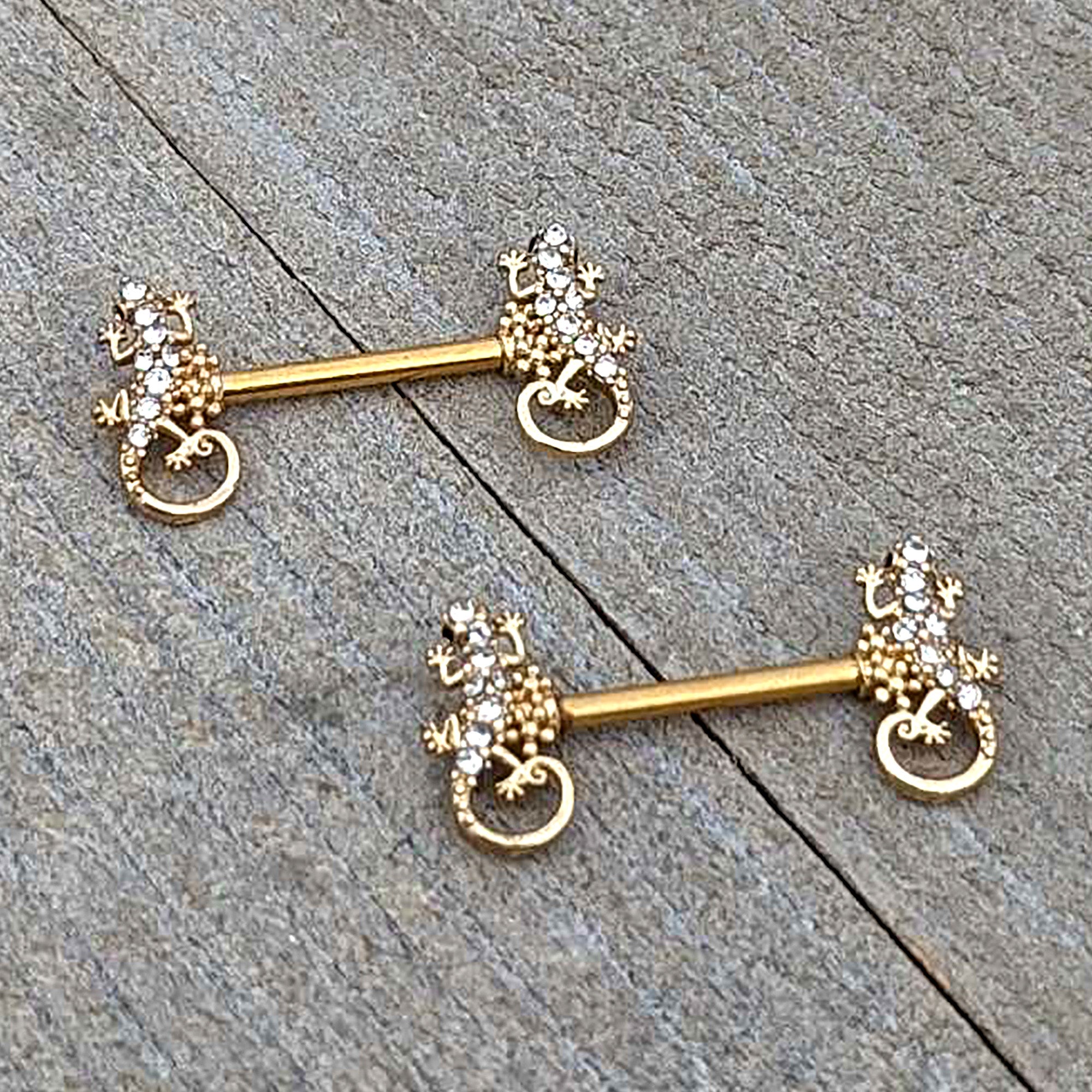 BodyCandy 14G 9/16 Clear Gem Gold Hue Luscious Lizard Barbell Nipple Ring Set — back view