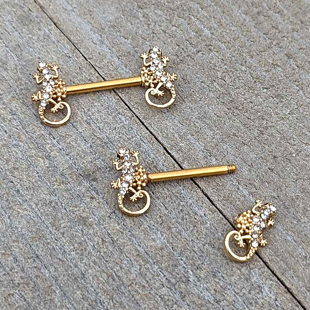 BodyCandy 14G 9/16 Clear Gem Gold Hue Luscious Lizard Barbell Nipple Ring Set — alternative angle