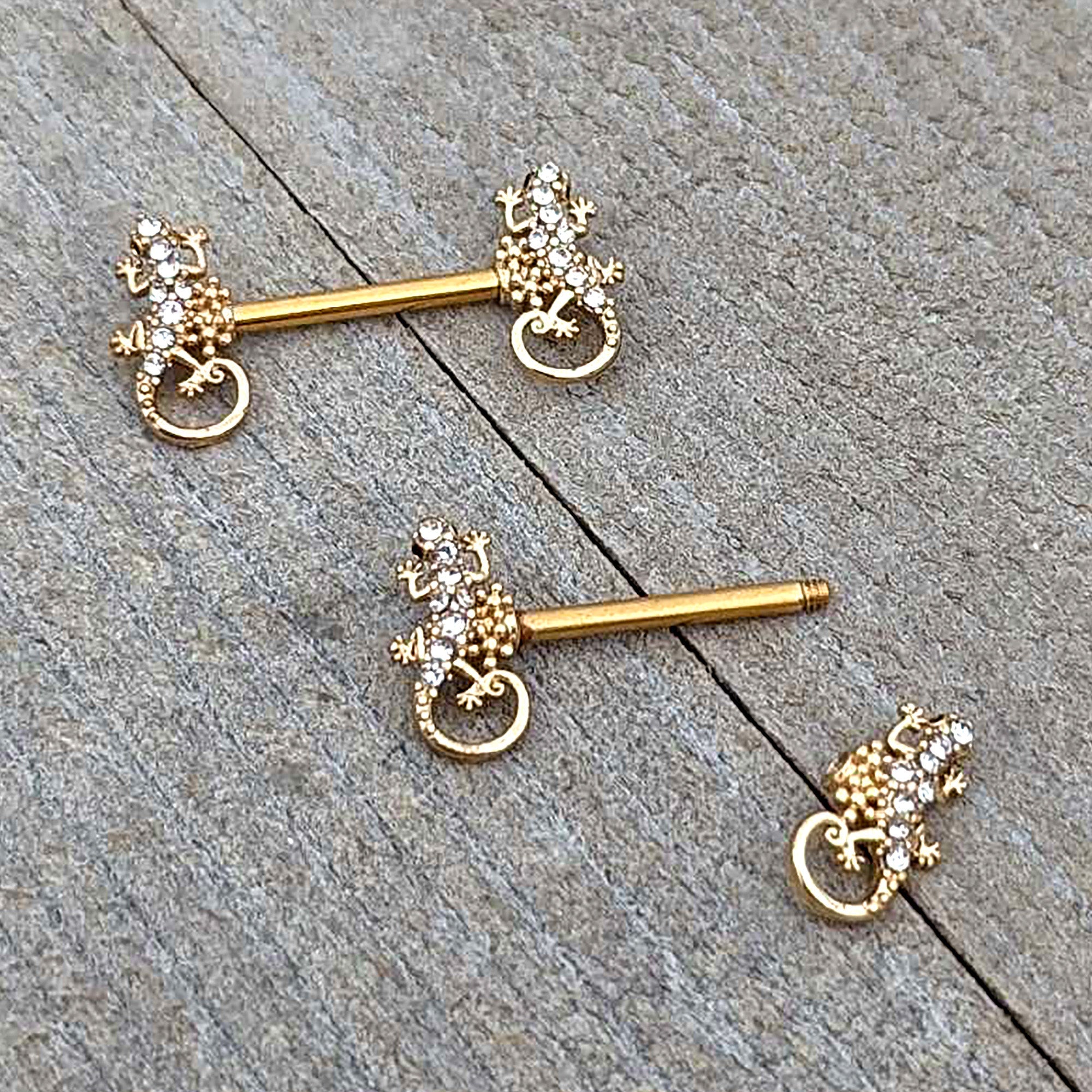 BodyCandy 14G 9/16 Clear Gem Gold Hue Luscious Lizard Barbell Nipple Ring Set — alternative angle