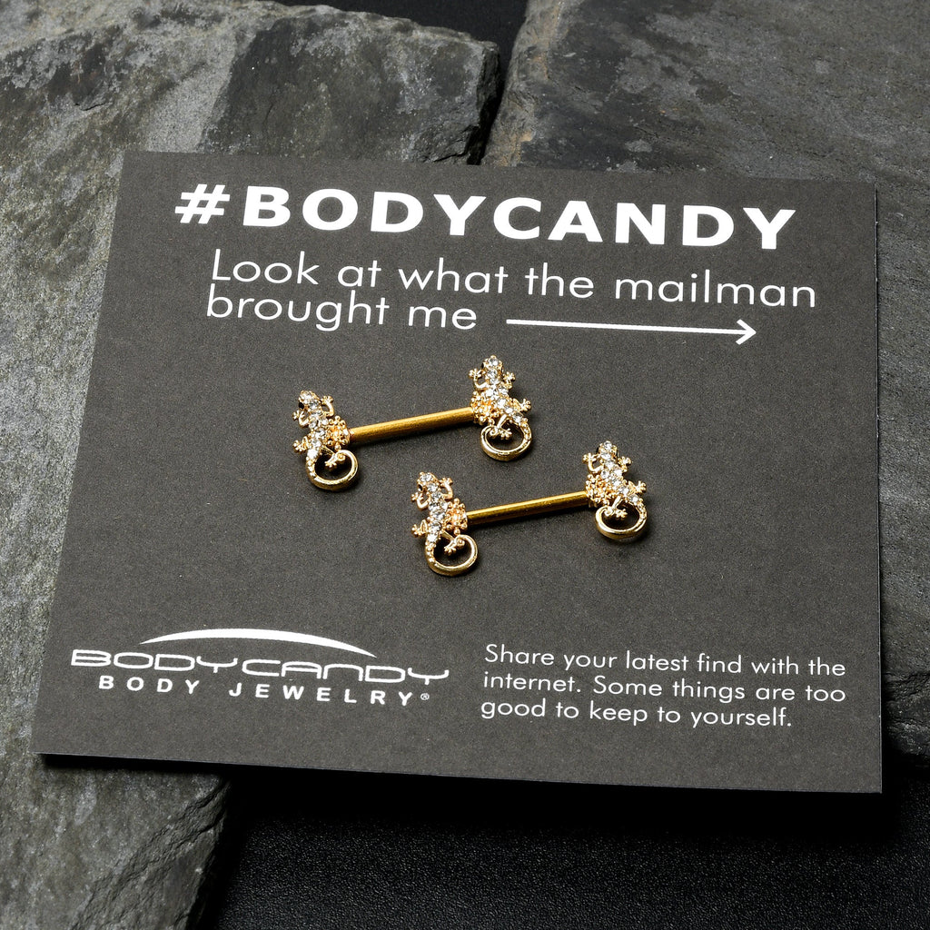 BodyCandy 14G 9/16 Clear Gem Gold Hue Luscious Lizard Barbell Nipple Ring Set — in-use photo