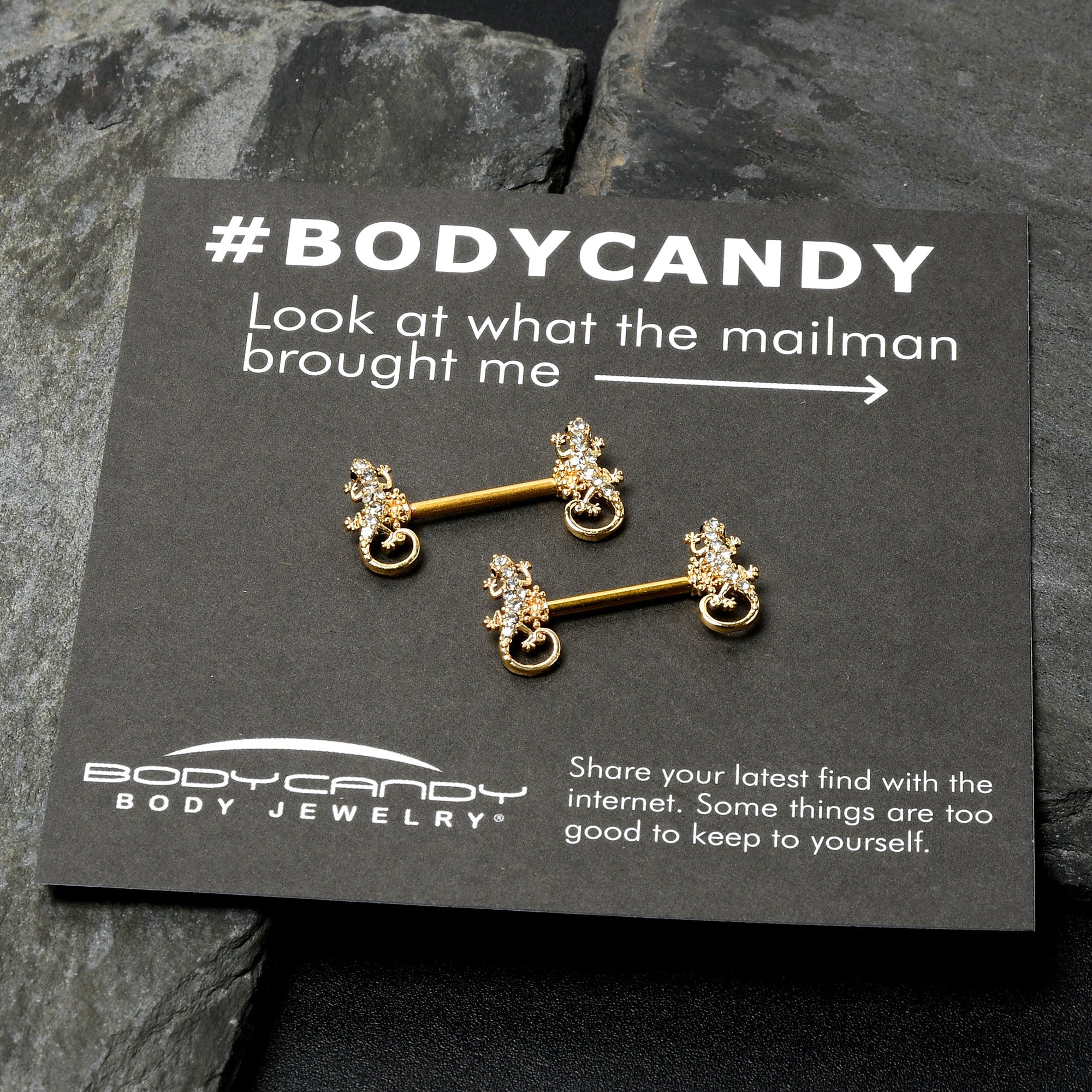 BodyCandy 14G 9/16 Clear Gem Gold Hue Luscious Lizard Barbell Nipple Ring Set — in-use photo