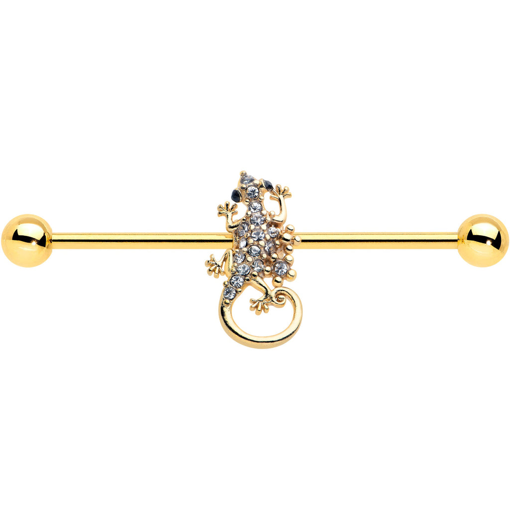 BodyCandy 14G Clear Gem Gold Tone Luscious Lizard Industrial Barbell 38mm — detail close-up