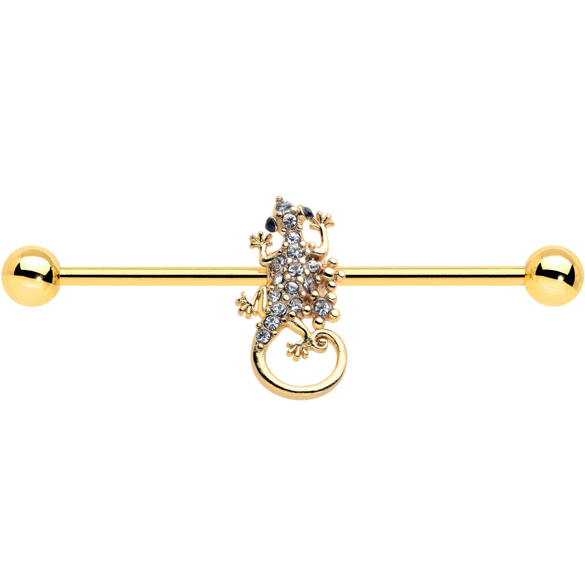 BodyCandy 14G Clear Gem Gold Tone Luscious Lizard Industrial Barbell 38mm — detail close-up