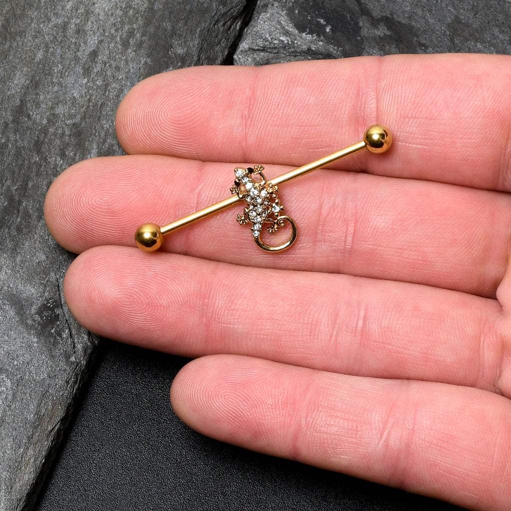 BodyCandy 14G Clear Gem Gold Tone Luscious Lizard Industrial Barbell 38mm — lifestyle context