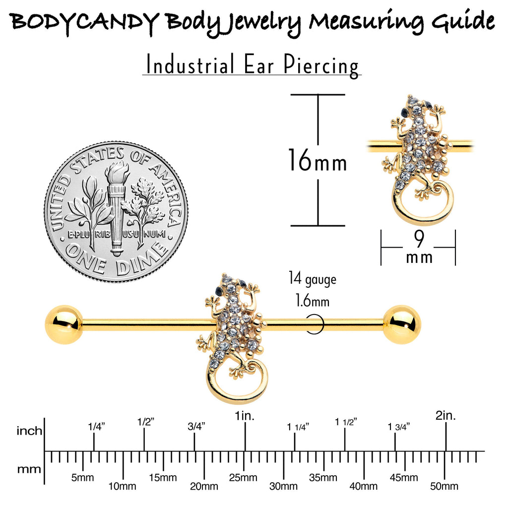 BodyCandy 14G Clear Gem Gold Tone Luscious Lizard Industrial Barbell 38mm — side view