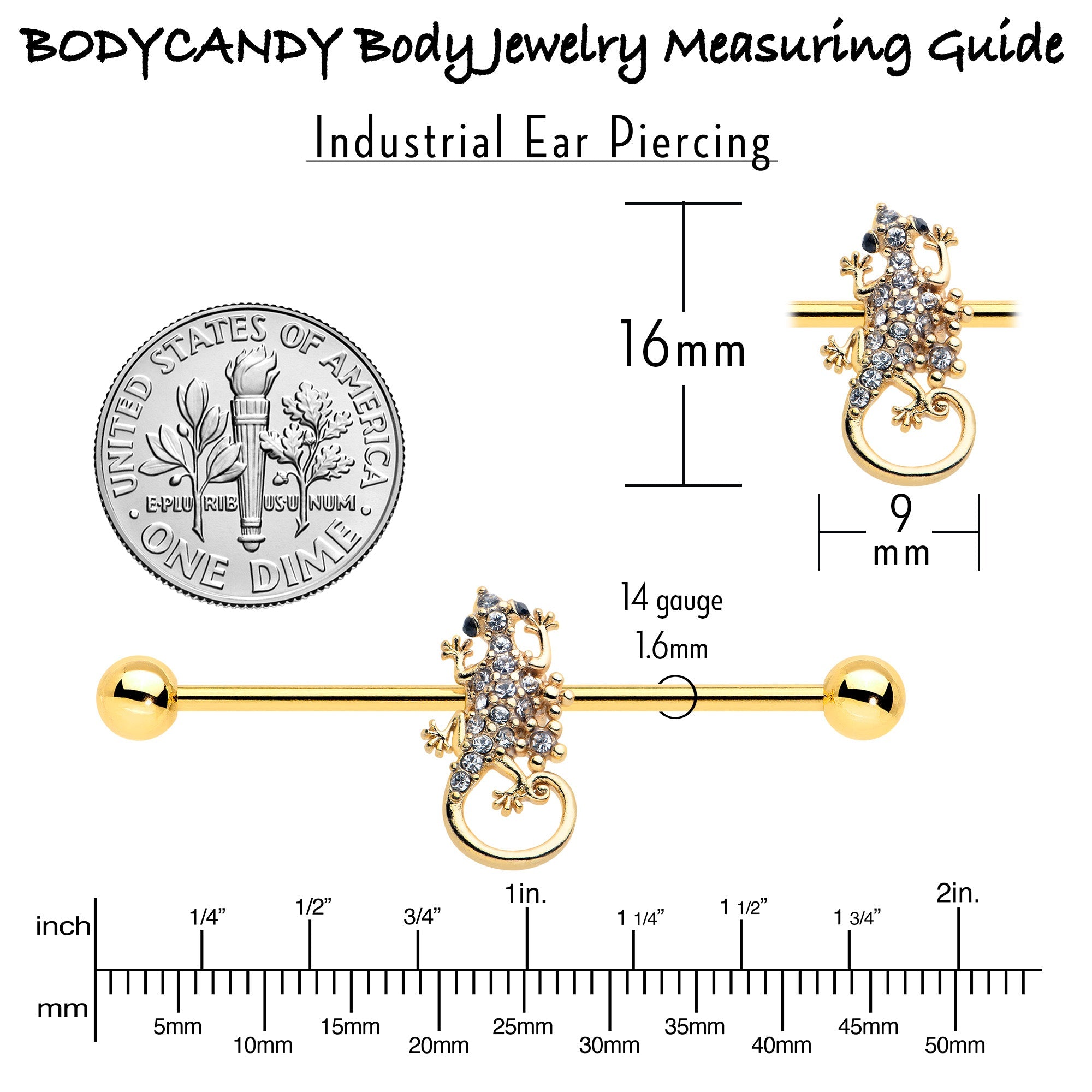 BodyCandy 14G Clear Gem Gold Tone Luscious Lizard Industrial Barbell 38mm — side view