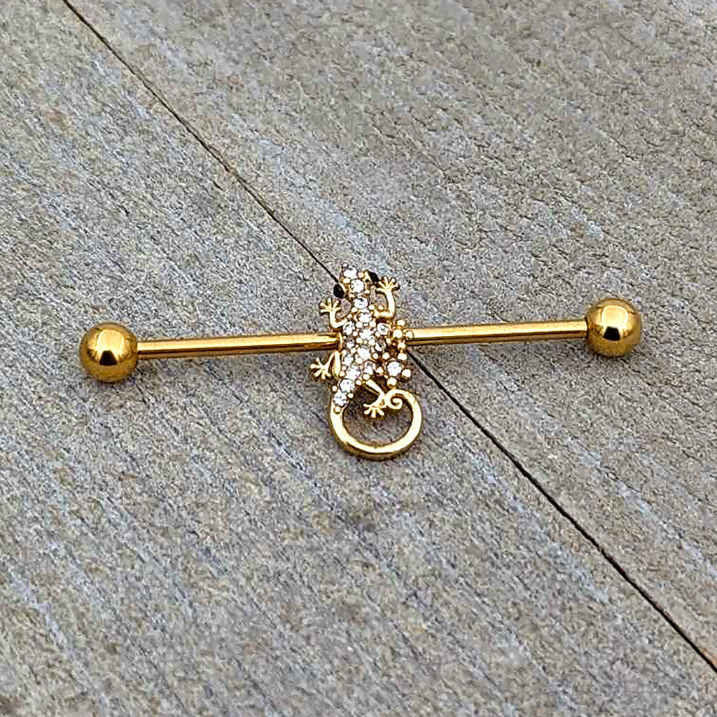 BodyCandy 14G Clear Gem Gold Tone Luscious Lizard Industrial Barbell 38mm — back view