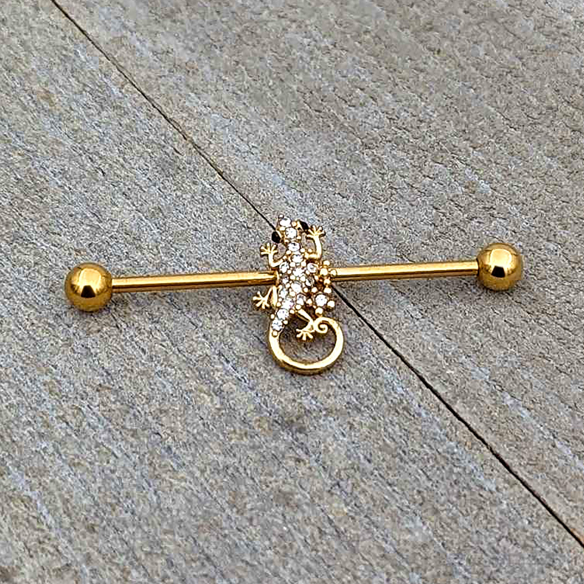 BodyCandy 14G Clear Gem Gold Tone Luscious Lizard Industrial Barbell 38mm — back view