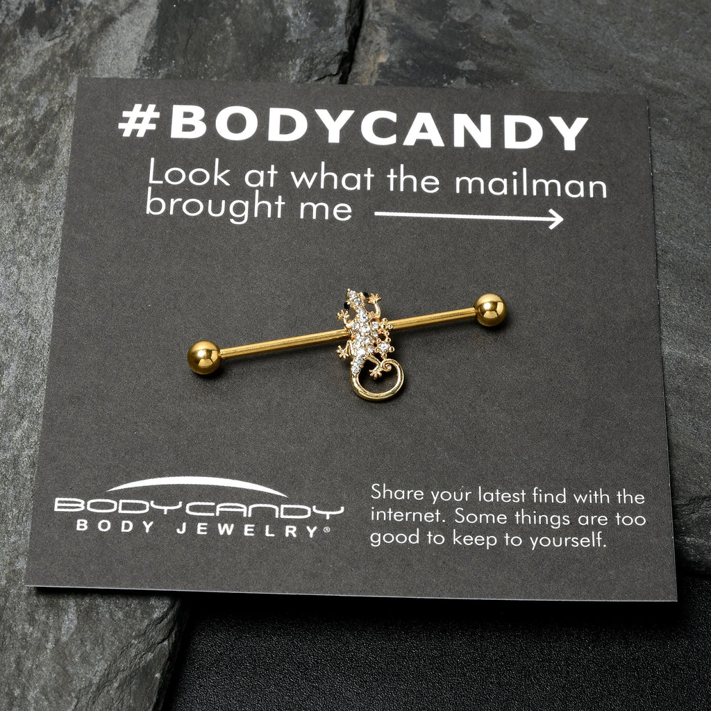 BodyCandy 14G Clear Gem Gold Tone Luscious Lizard Industrial Barbell 38mm — in-use photo