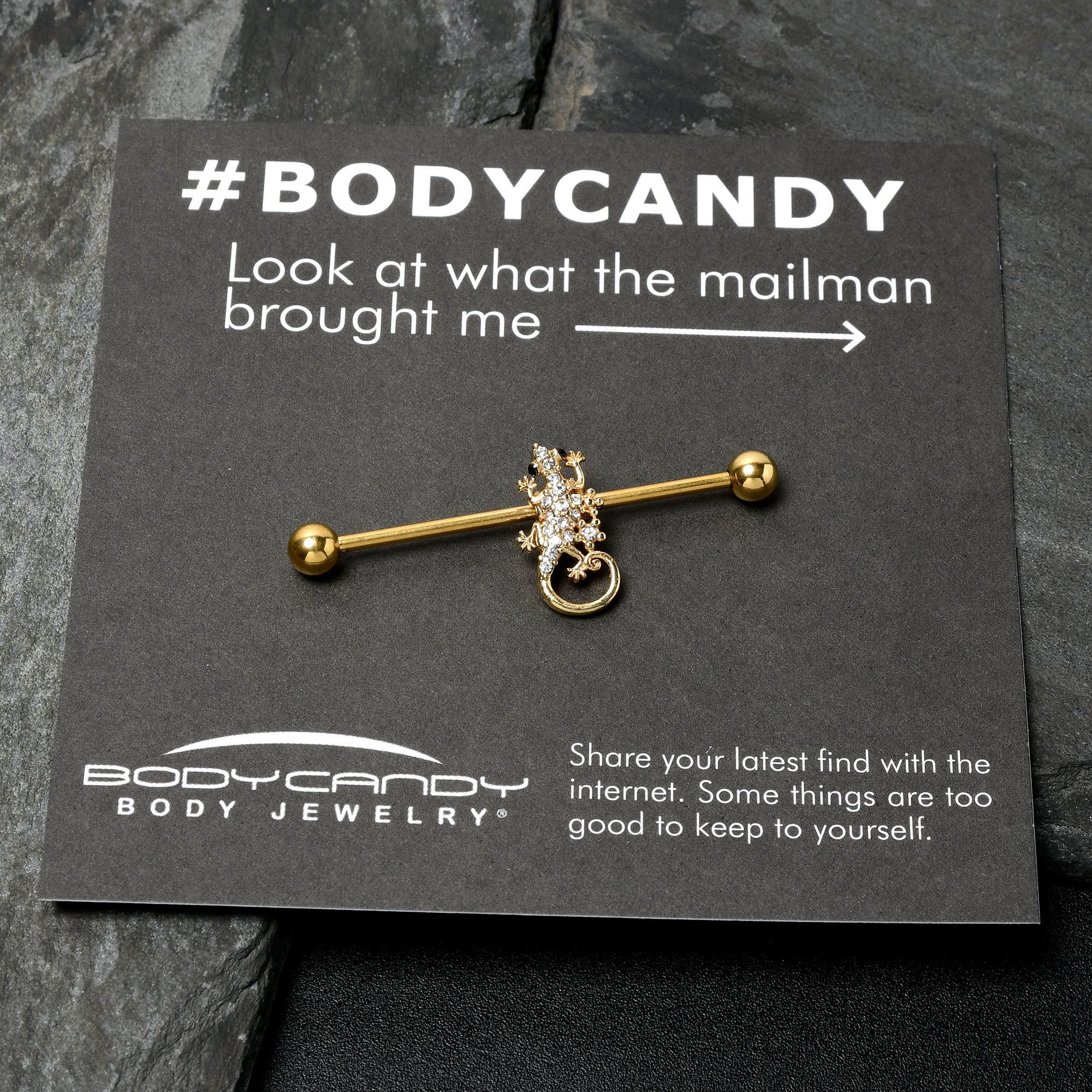 BodyCandy 14G Clear Gem Gold Tone Luscious Lizard Industrial Barbell 38mm — in-use photo