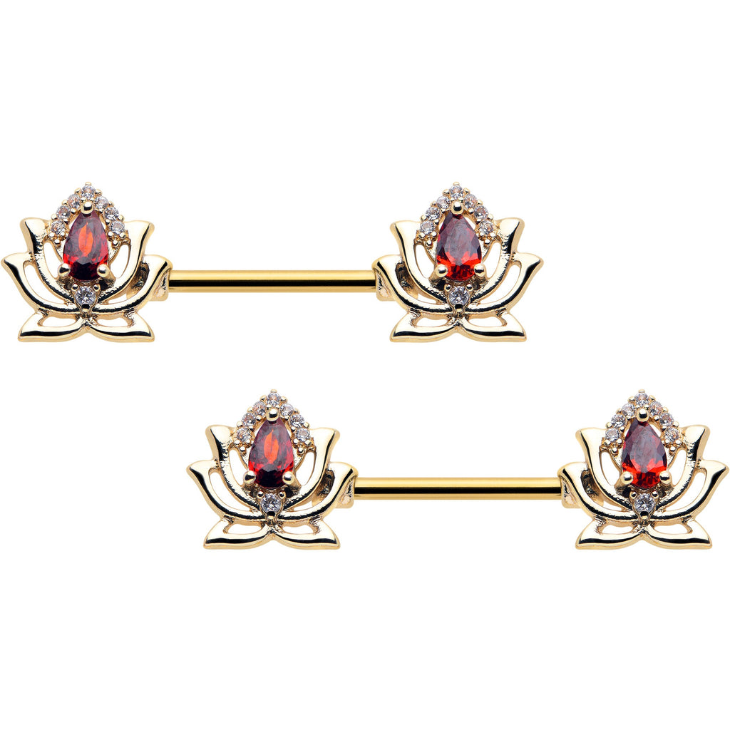 BodyCandy 14G 9/16 Red Gem Gold Tone Royal Lotus Barbell Nipple Ring Set — main product shot