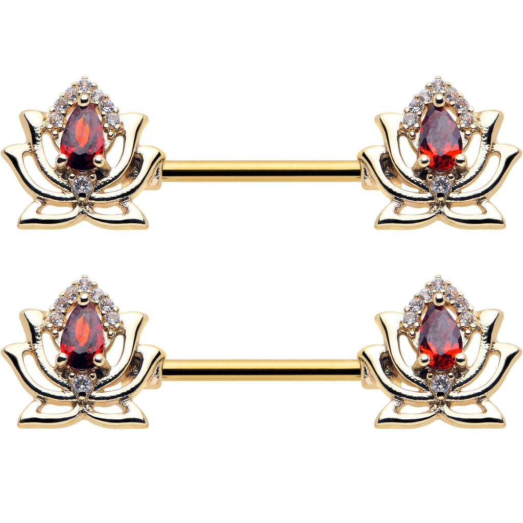 BodyCandy 14G 9/16 Red Gem Gold Tone Royal Lotus Barbell Nipple Ring Set — detail close-up