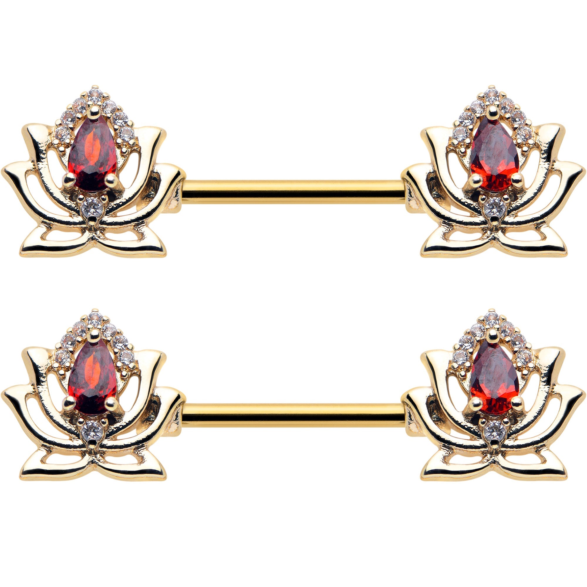 BodyCandy 14G 9/16 Red Gem Gold Tone Royal Lotus Barbell Nipple Ring Set — detail close-up