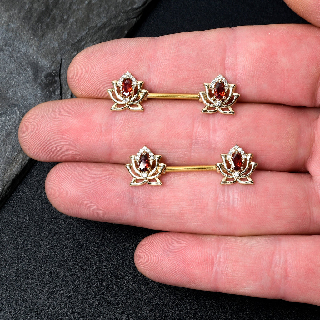 BodyCandy 14G 9/16 Red Gem Gold Tone Royal Lotus Barbell Nipple Ring Set — lifestyle context