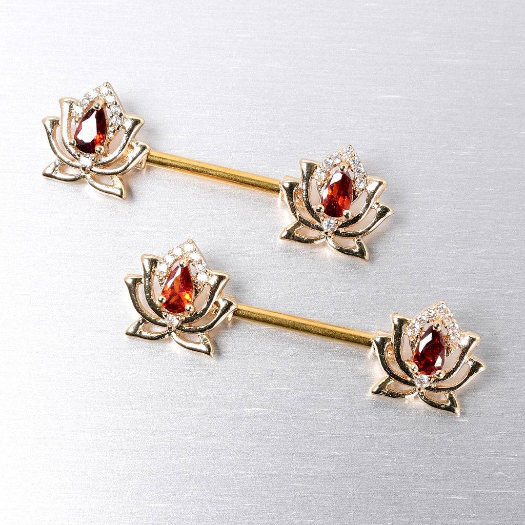 BodyCandy 14G 9/16 Red Gem Gold Tone Royal Lotus Barbell Nipple Ring Set — side view