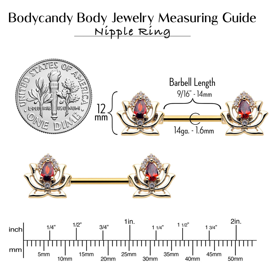 BodyCandy 14G 9/16 Red Gem Gold Tone Royal Lotus Barbell Nipple Ring Set — alternative angle