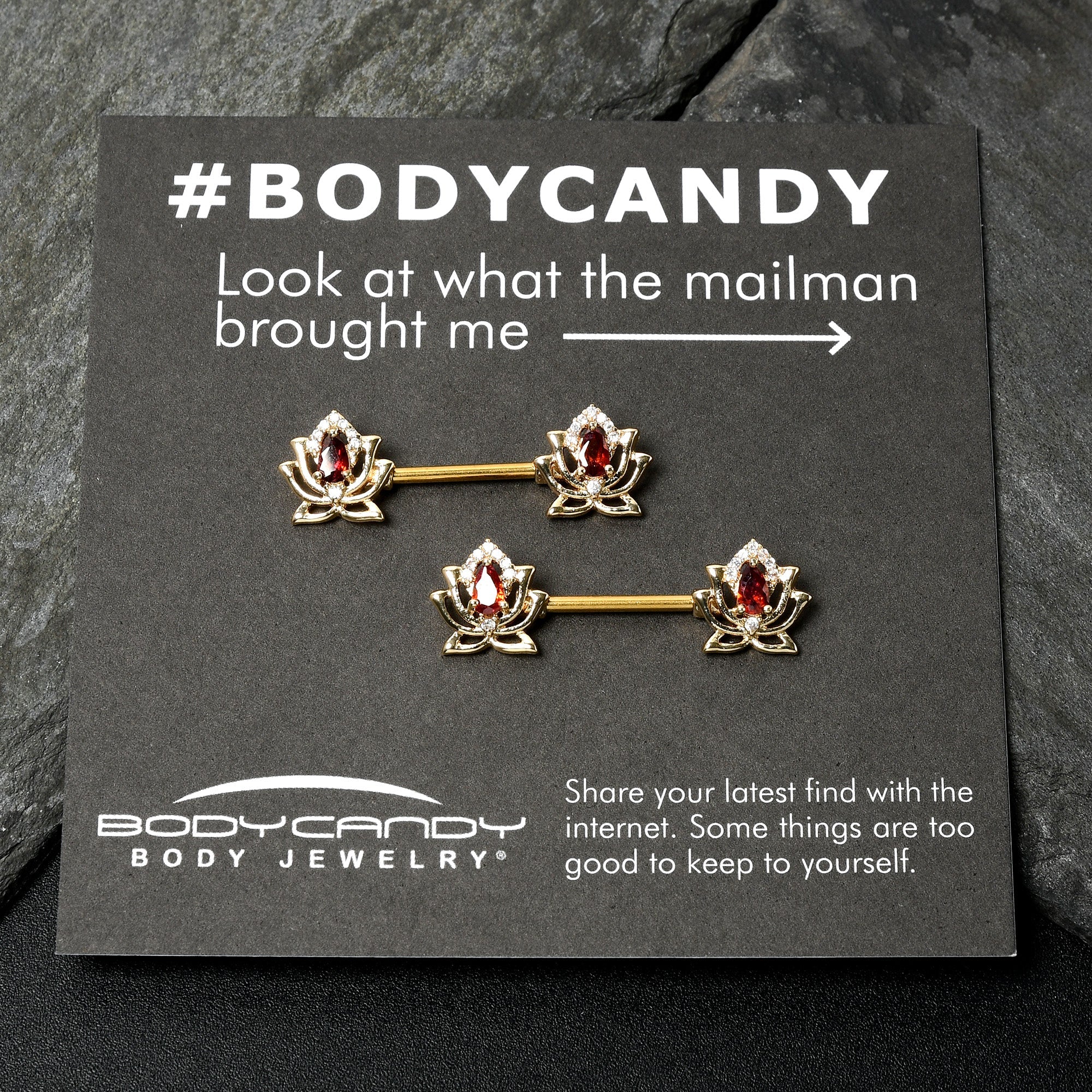 BodyCandy 14G 9/16 Red Gem Gold Tone Royal Lotus Barbell Nipple Ring Set — in-use photo